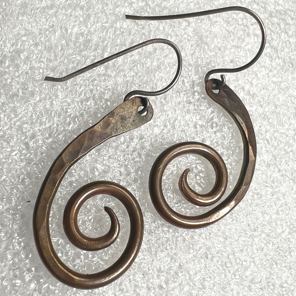 Hammered Copper Earrings Signed SB Double Spiral Curly Que Hooks 1.5"